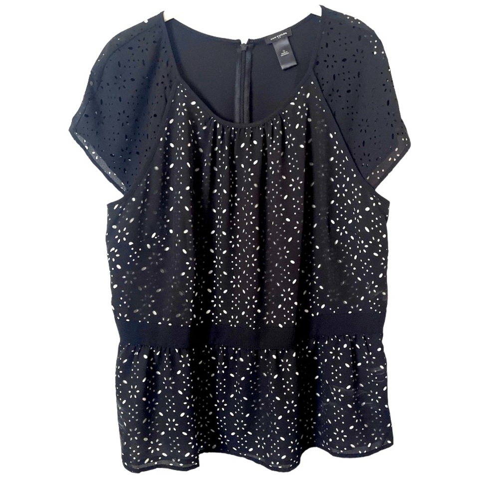 Ann Taylor Black Fretwork Lace Look Short Sleeve‎ Peplum Top 12
